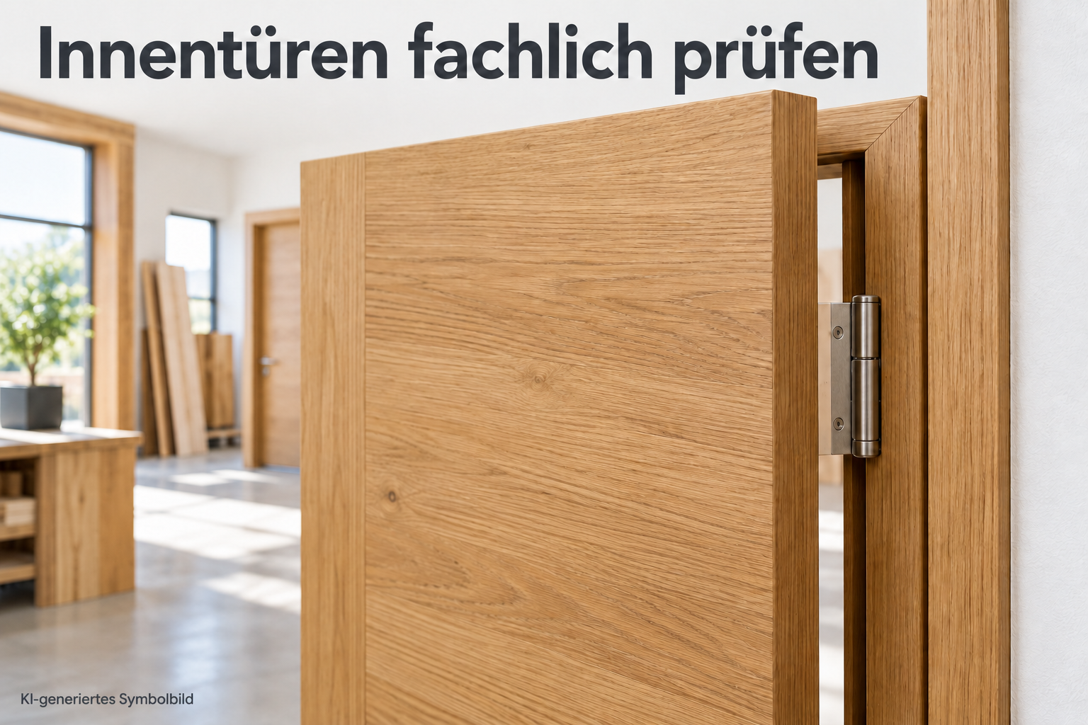 Geöffnete Innentür aus Holz mit Zarge und sichtbarem Türband; Symbolbild zur fachlichen Prüfung von Innentüren